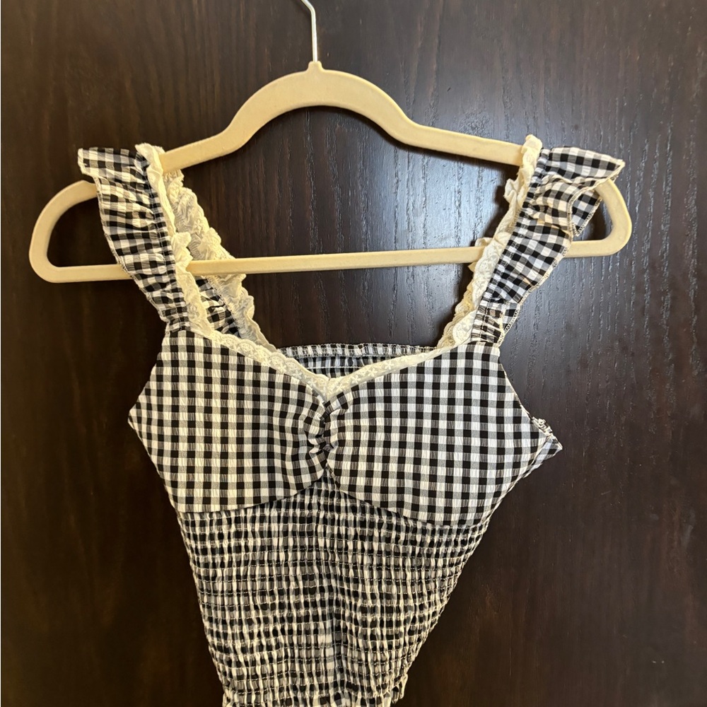 Black and White Gingham Top with Lace Trim